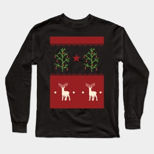 Traditional Christmas Tree Deer Scandinavian Aesthetic Pattern Long Sleeve T-Shirt